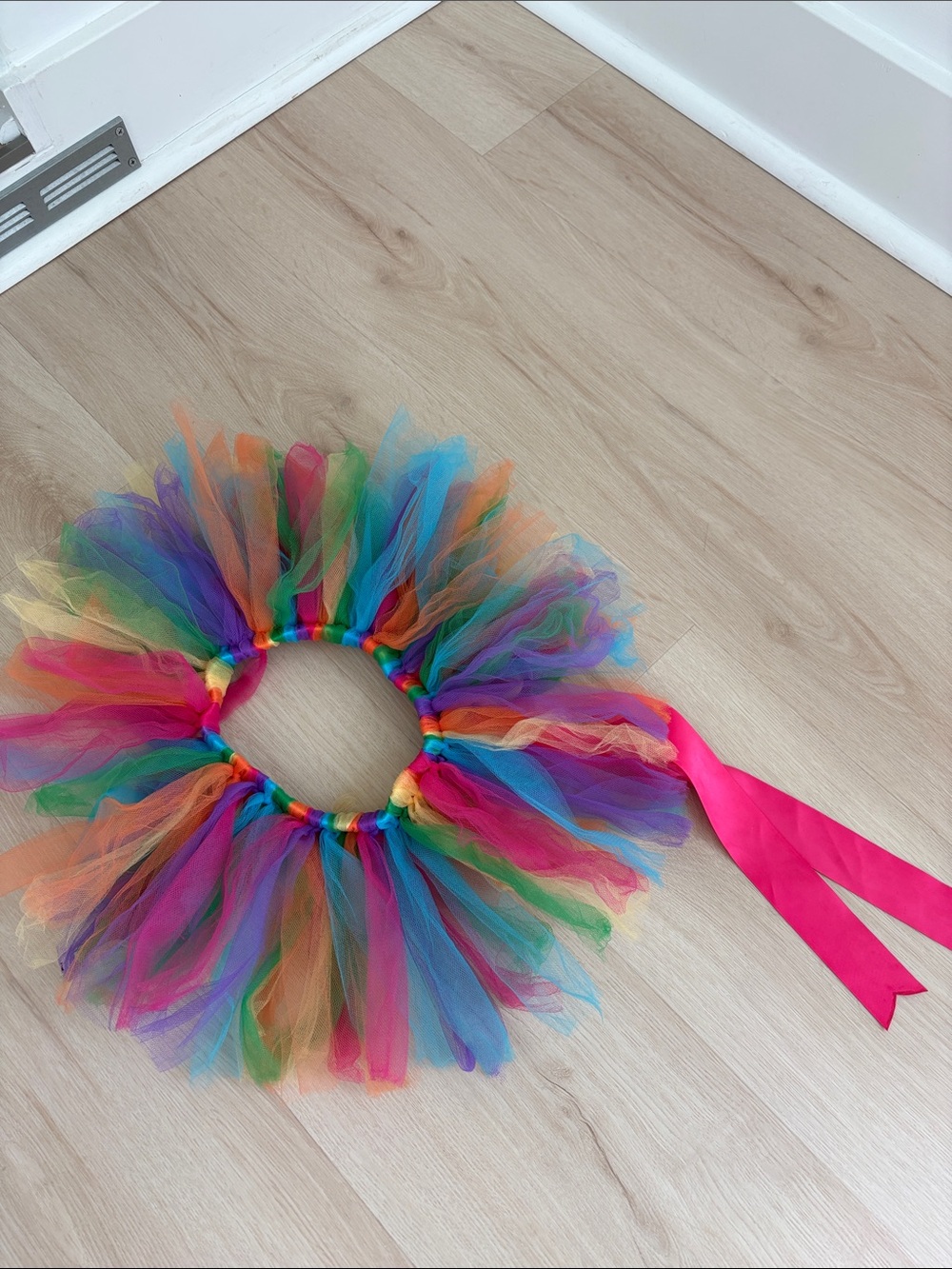 Rainbow Tulle Tutu Skirt with Hot Pink Ribbon